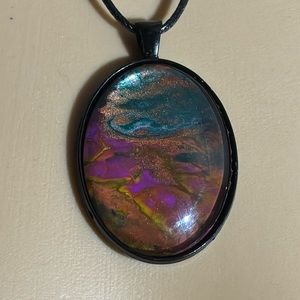 HANDCRAFTED Stainless Steel Painted Pendant Necklace with Leather Cord